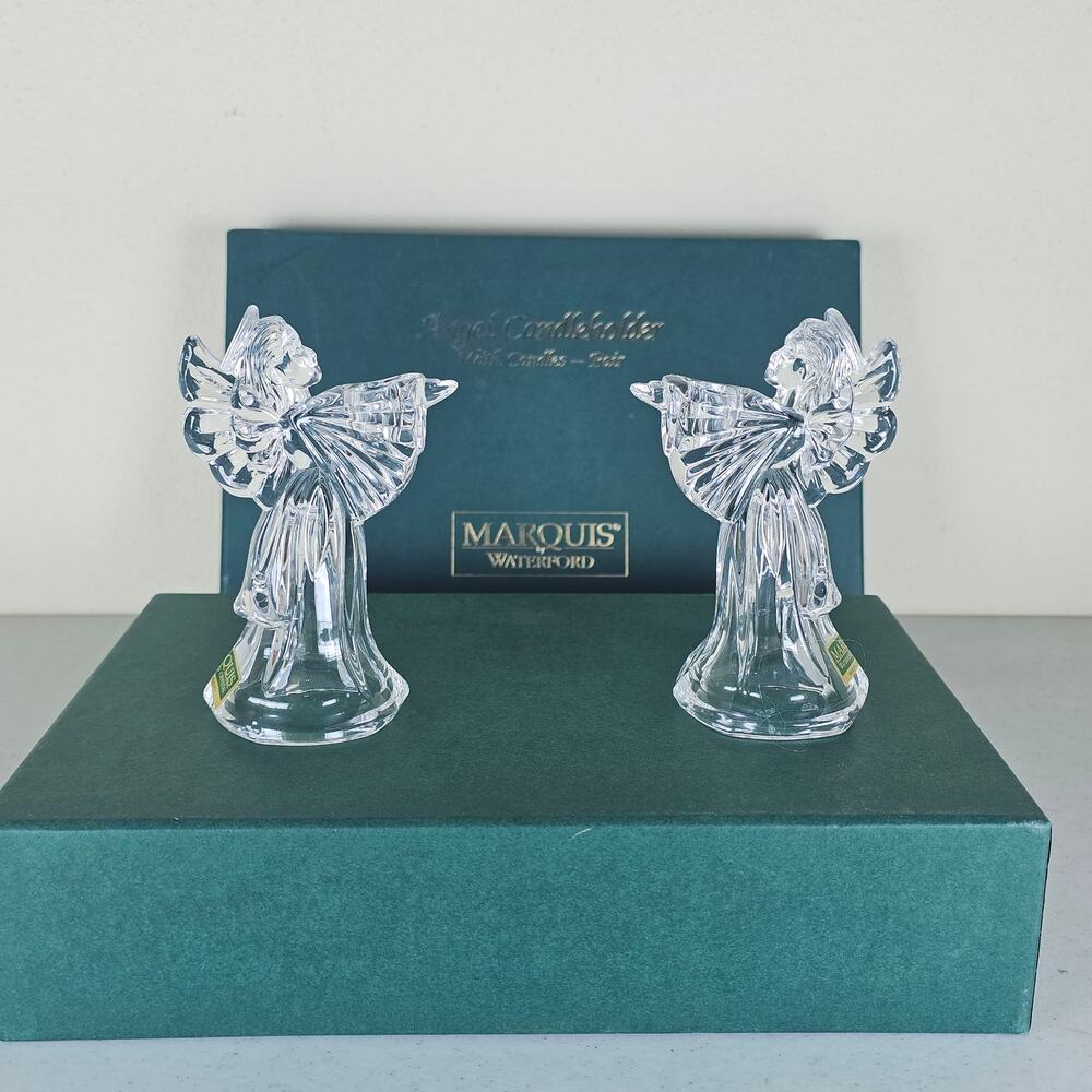 WATERFORD‎ CRYSTAL BOXED SET OF 2 ANGEL CANDLE HOLDERS, NO CANDLES, MARQUIS